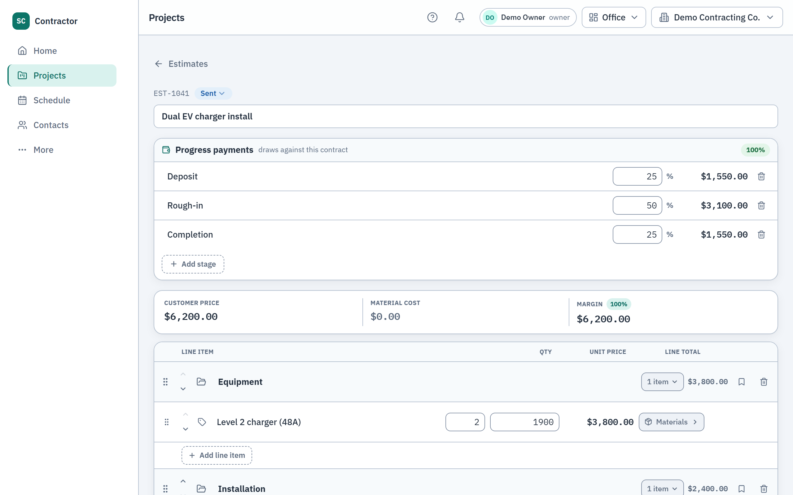 An estimate in Simple Contractor CRM with grouped line items, material costs, live margin, and a draw schedule.